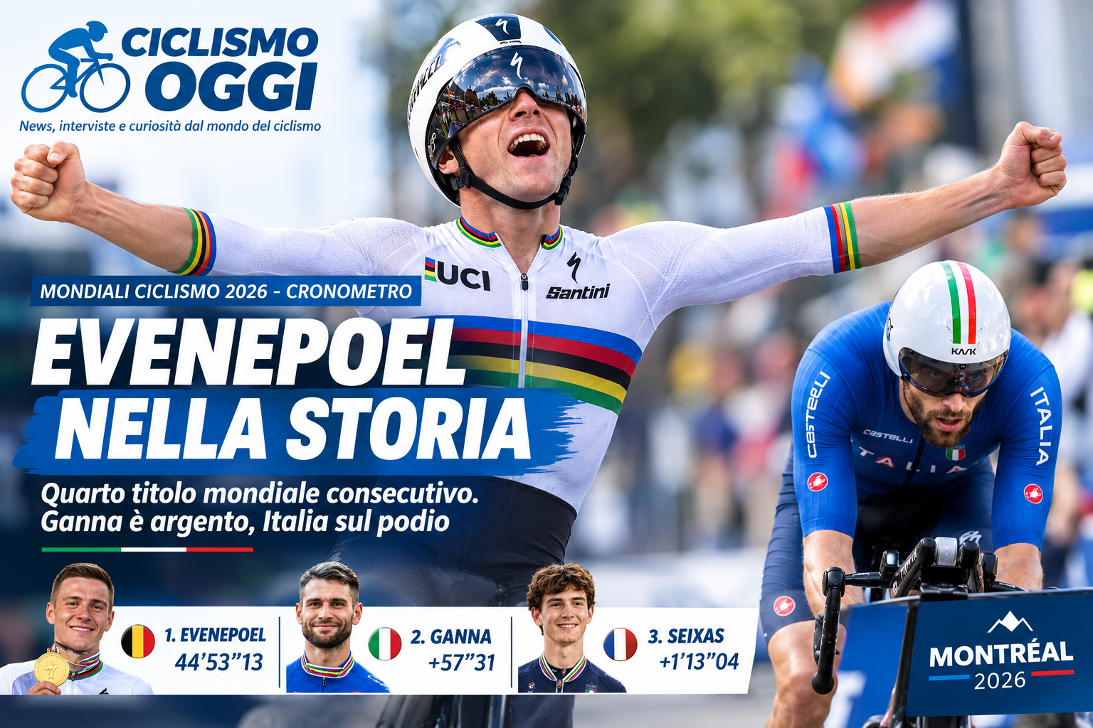 Mondiali Montréal 2026, Evenepoel nella storia: Ganna è d’argento