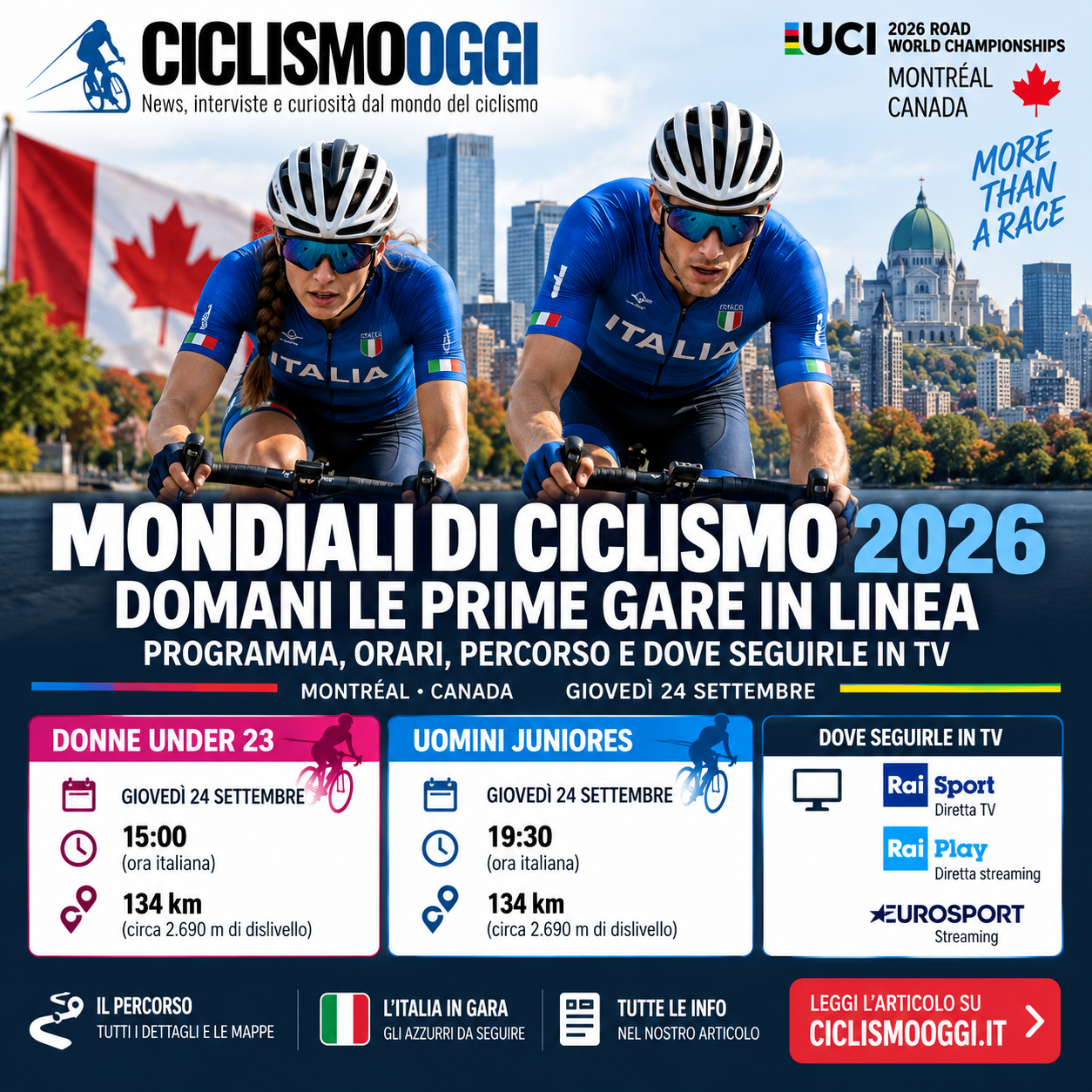 Mondiali ciclismo 2026, domani le prime gare in linea: programma, orari e percorso