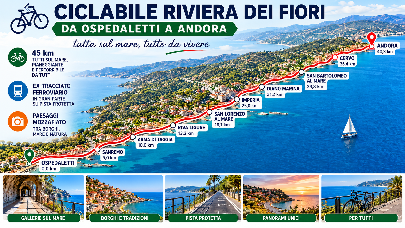 Ciclabile della Riviera dei Fiori, 45 chilometri sul mare: da Ospedaletti ad Andora in bicicletta